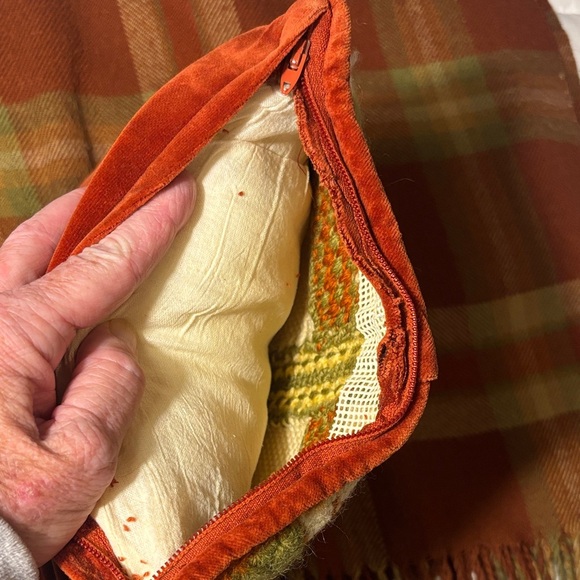 Vintage Needlepoint Pillow Green Orange Cream Plaid and Burnt Orange Velvet - Picture 3 of 5